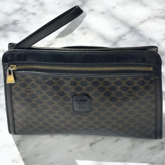 CELINE Macadam Clutch Handbag Black Brown Triomphe Leather Unisex Vintage 90s - Picture 1 of 16